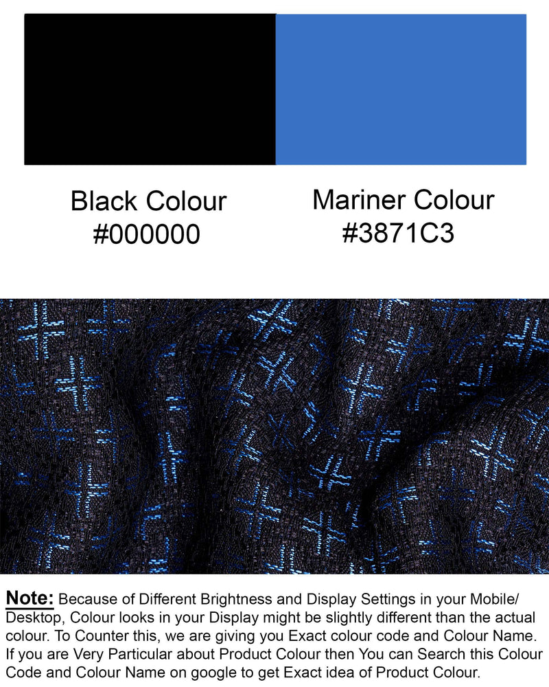 Jade Black and Mariner Blue Plus sign Textured Cross-Button Bandhgala Designer Suit