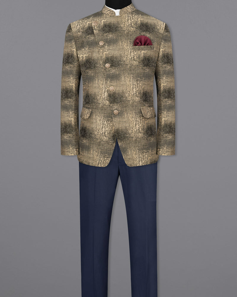 Sandrift and Gravel Cross-Button Bandhgala Designer Suit