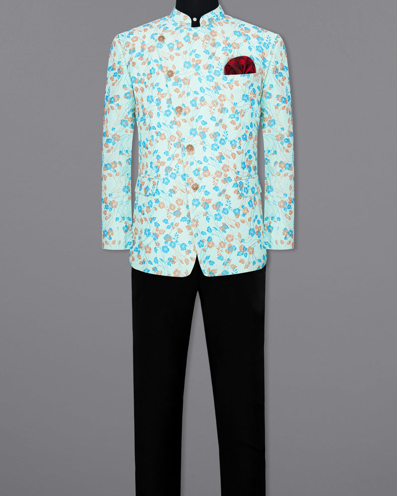 Mint Tulip and Tiffany Blue Floral Printed Cross-Button Bandhgala Designer Suit