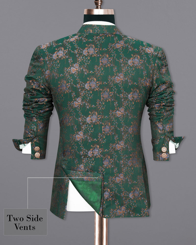 Everglade Green Floral Textured Cross Buttoned Bandhgala Designer Suit