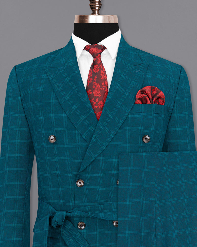 Dark Teal Plaid Double Breasted Strapped Suit ST1845-DB-D8-36, ST1845-DB-D8-38, ST1845-DB-D8-40, ST1845-DB-D8-42, ST1845-DB-D8-44, ST1845-DB-D8-46, ST1845-DB-D8-48, ST1845-DB-D8-50, ST1845-DB-D8-52, ST1845-DB-D8-54, ST1845-DB-D8-56, ST1845-DB-D8-58, ST1845-DB-D8-60