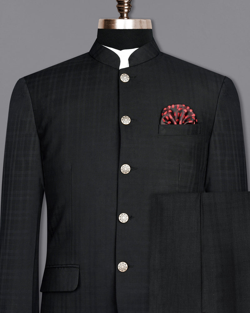 Jade Black Subtle Plaid Bandhgala Suit