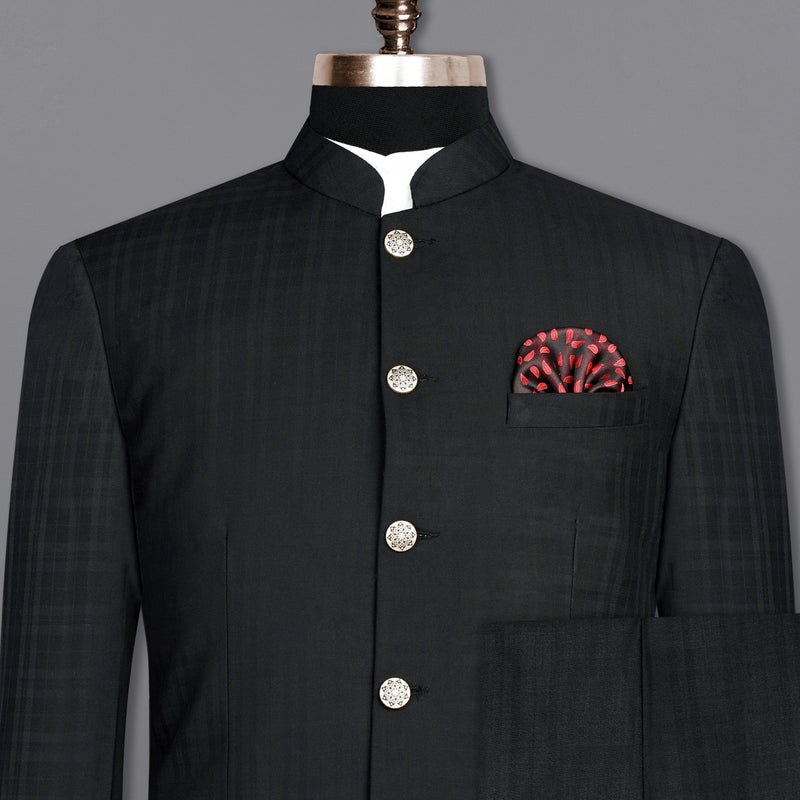 Jade Black Subtle Plaid Bandhgala Suit