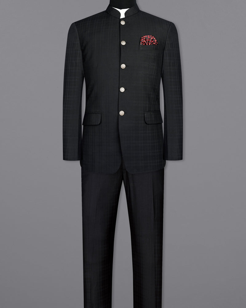 Jade Black Subtle Plaid Bandhgala Suit