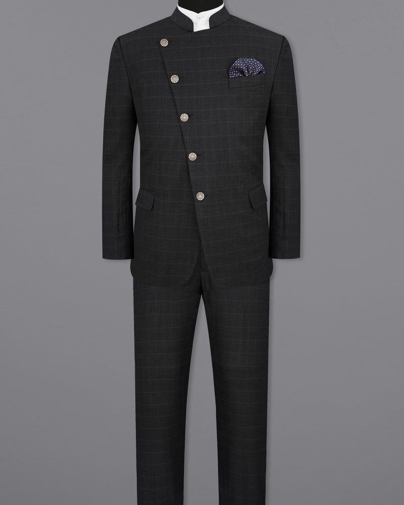 Shark Gray Plaid Cross-Buttoned Bandhgala Suit