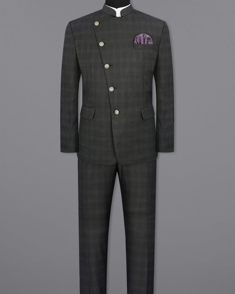 Charcoal Gray Plaid Cross-Buttoned Bandhgala Suit