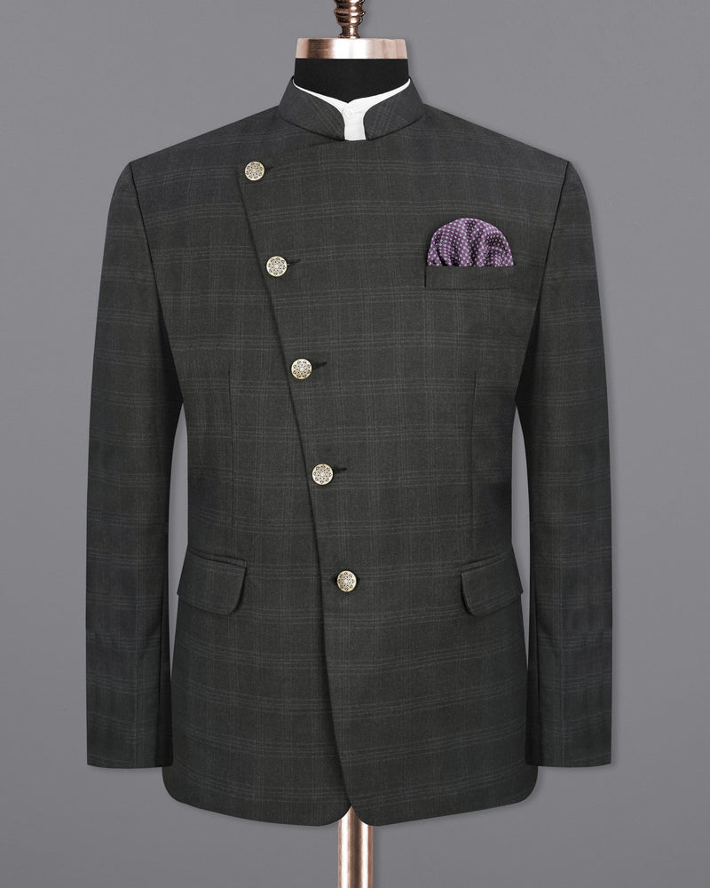 Charcoal Gray Plaid Cross-Buttoned Bandhgala Suit