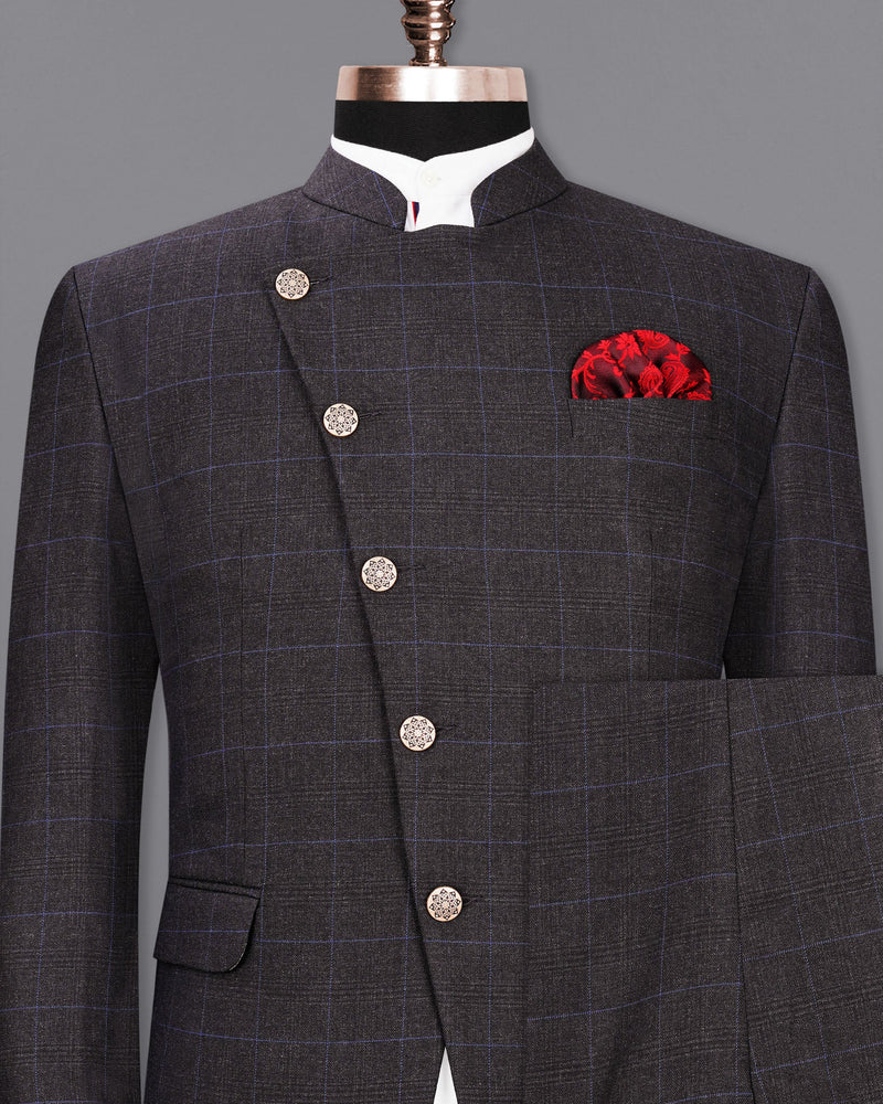 Eclipse Gray Windowpane Cross Buttoned Bandhgala Suit