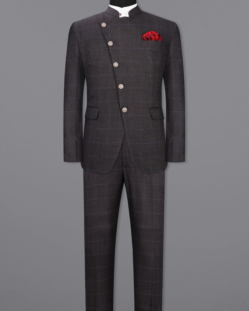 Eclipse Gray Windowpane Cross Buttoned Bandhgala Suit