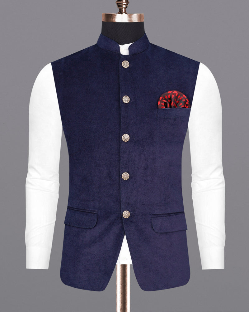 Tolopea Navy Blue Cross Buttoned Bandhgala Corduroy Premium Cotton Designer Suit