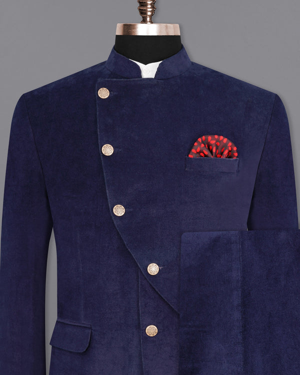 Tolopea Navy Blue Cross Buttoned Bandhgala Corduroy Premium Cotton Designer Suit