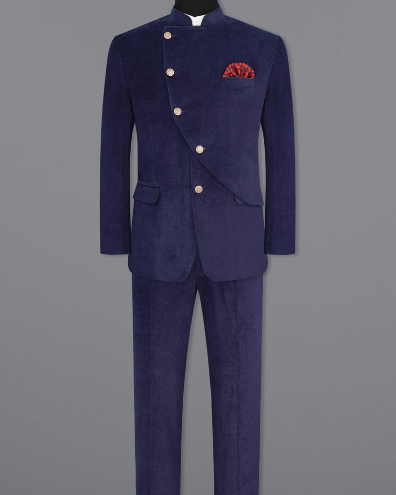 Tolopea Navy Blue Cross Buttoned Bandhgala Corduroy Premium Cotton Designer Suit