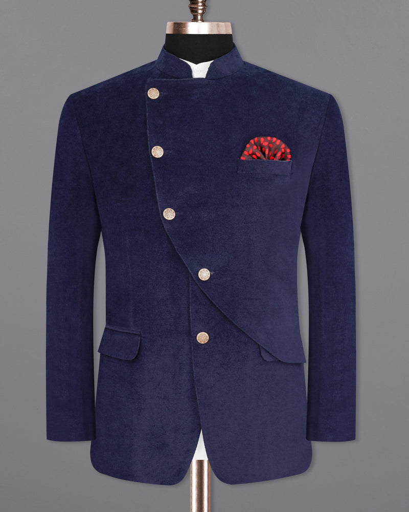 Tolopea Navy Blue Cross Buttoned Bandhgala Corduroy Premium Cotton Designer Suit