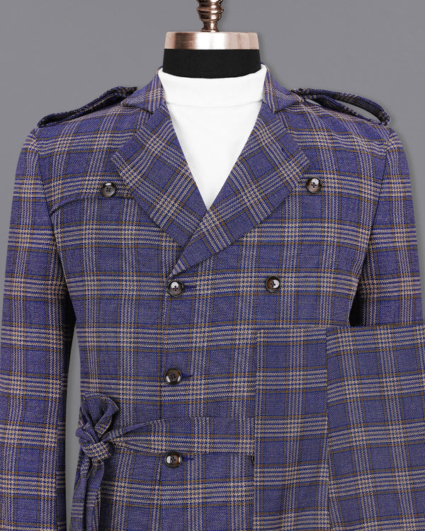 Meteorite Navy Blue with Tide Brown Plaid Double Breasted Designer Suit