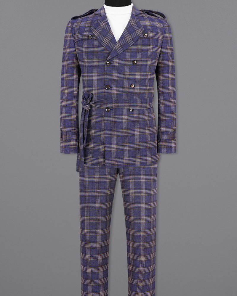 Meteorite Navy Blue with Tide Brown Plaid Double Breasted Designer Suit