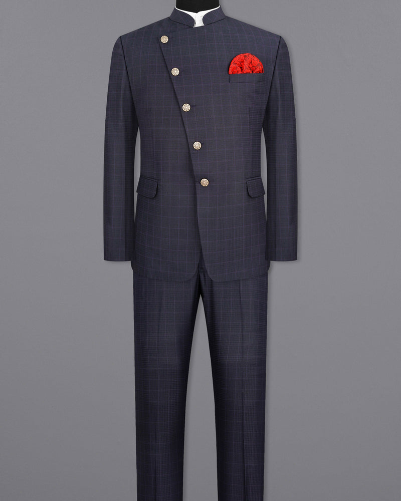 Gravel Gray Windowpane Cross-Buttoned Bandhgala Suit