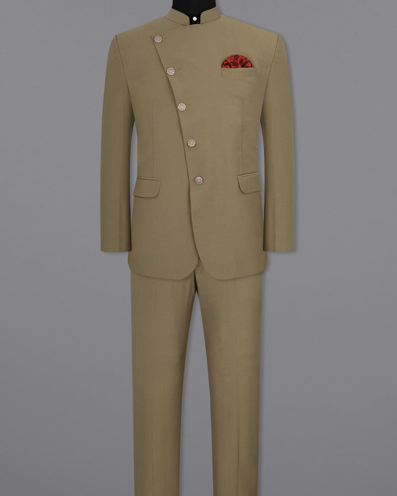 Shadow Brown Cross-Buttoned Bandhgala Suit