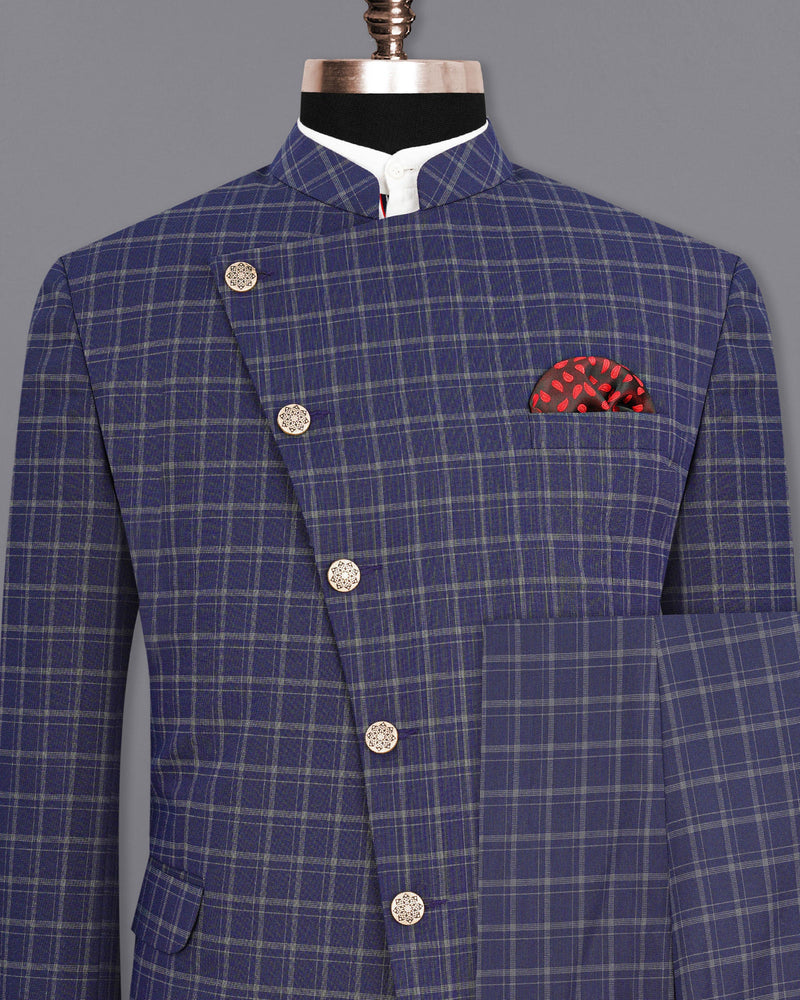 Mulled Wine Blue With Casper Gray Checkered Cross-Buttoned Bandhgala Suit