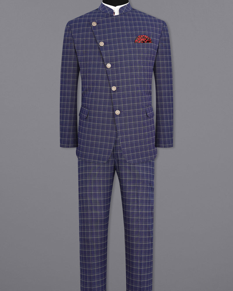 Mulled Wine Blue With Casper Gray Checkered Cross-Buttoned Bandhgala Suit