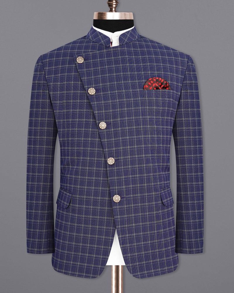 Mulled Wine Blue With Casper Gray Checkered Cross-Buttoned Bandhgala Suit