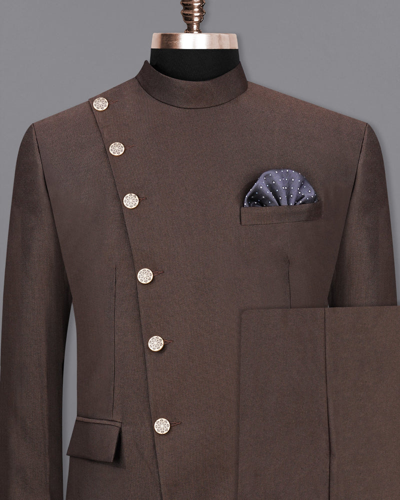 English Walnut Brown Cross Buttoned Bandhgala Suit