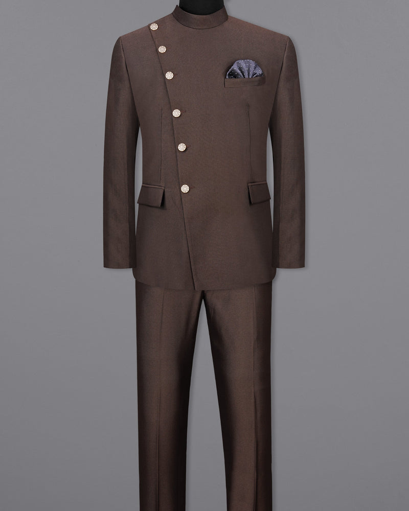 English Walnut Brown Cross Buttoned Bandhgala Suit