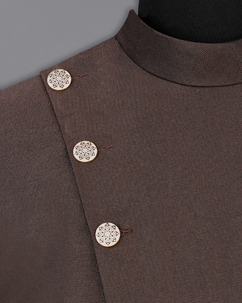 English Walnut Brown Cross Buttoned Bandhgala Suit