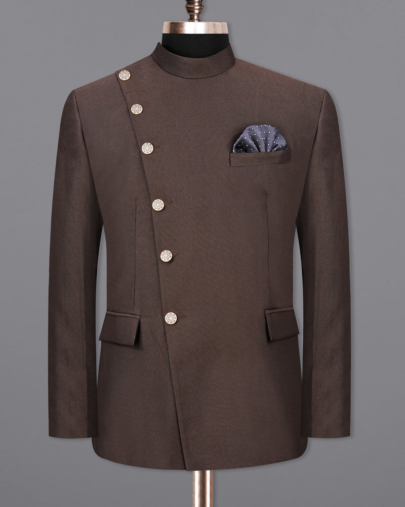 English Walnut Brown Cross Buttoned Bandhgala Suit