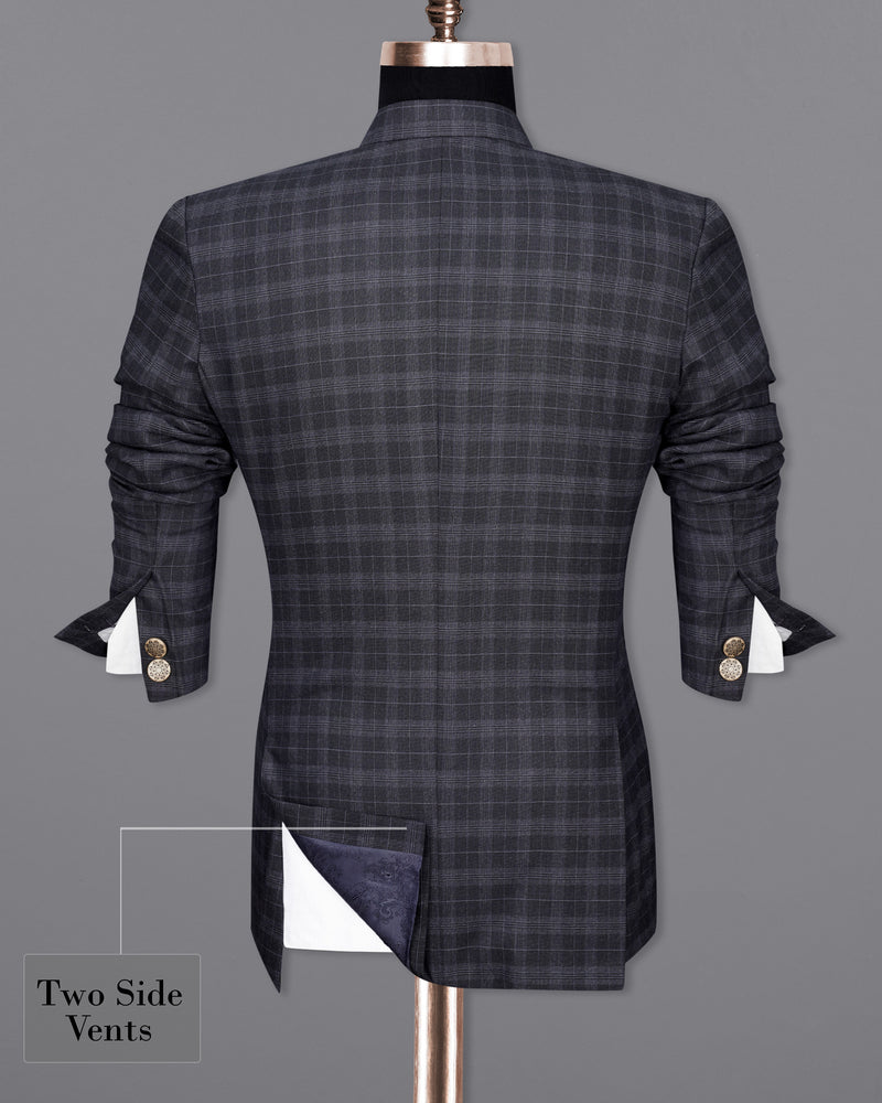 Iridium Dark Gray With Mobster Gray Plaid Cross Buttoned Bandhgala Suit