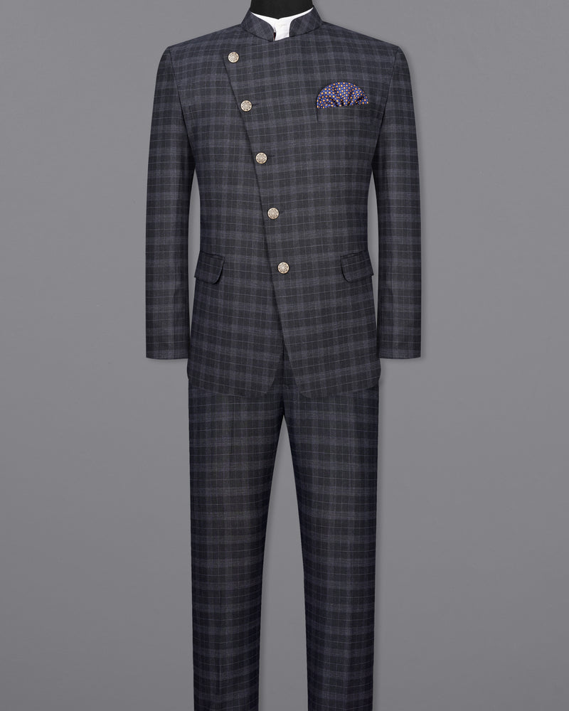 Iridium Dark Gray With Mobster Gray Plaid Cross Buttoned Bandhgala Suit