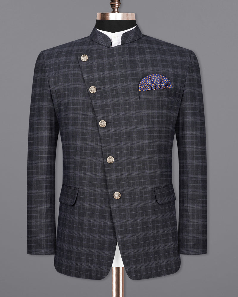 Iridium Dark Gray With Mobster Gray Plaid Cross Buttoned Bandhgala Suit