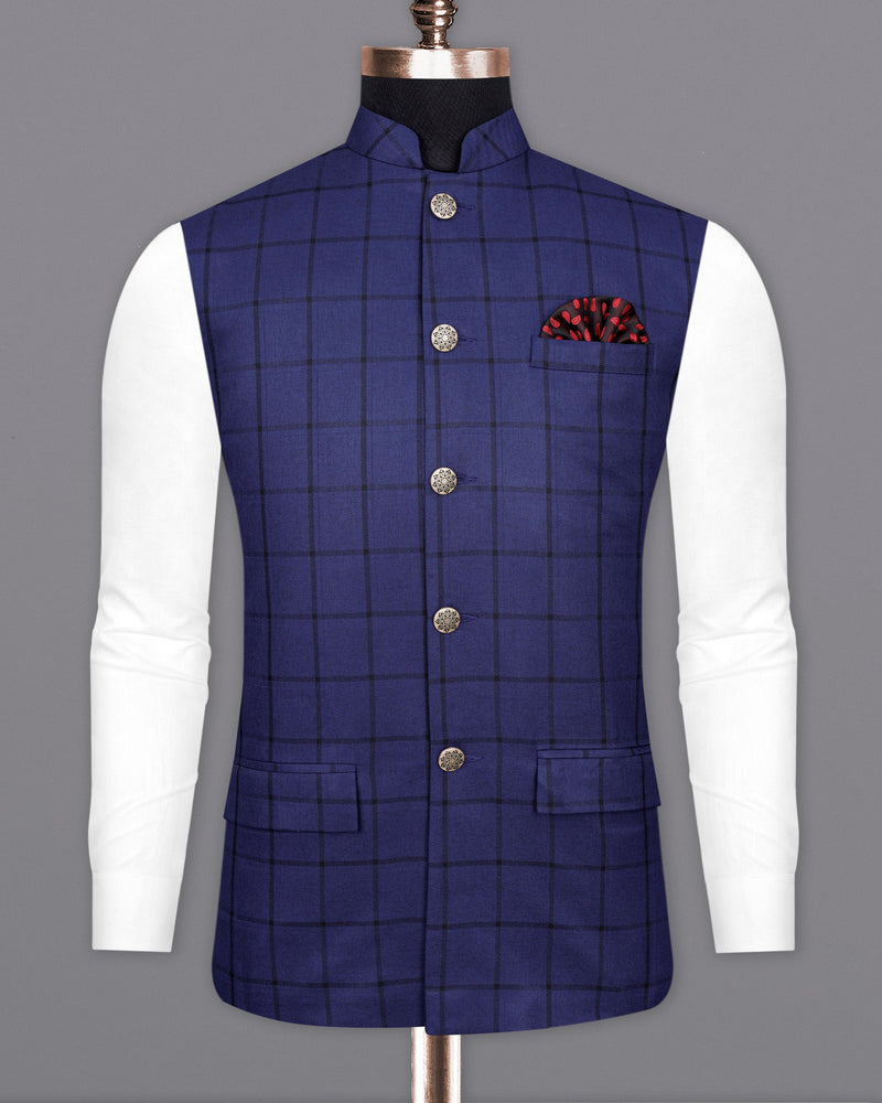 Zodiac Dark Blue Windowpane Cross Buttoned Bandhgala Suit