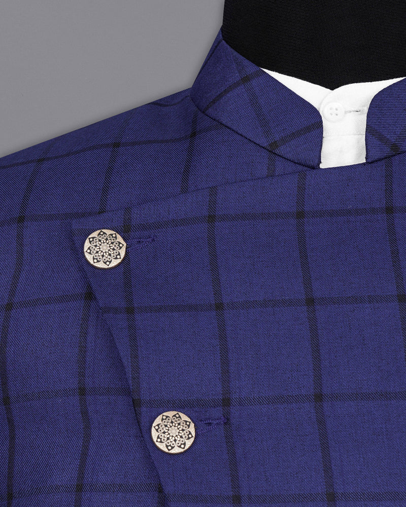 Zodiac Dark Blue Windowpane Cross Buttoned Bandhgala Suit