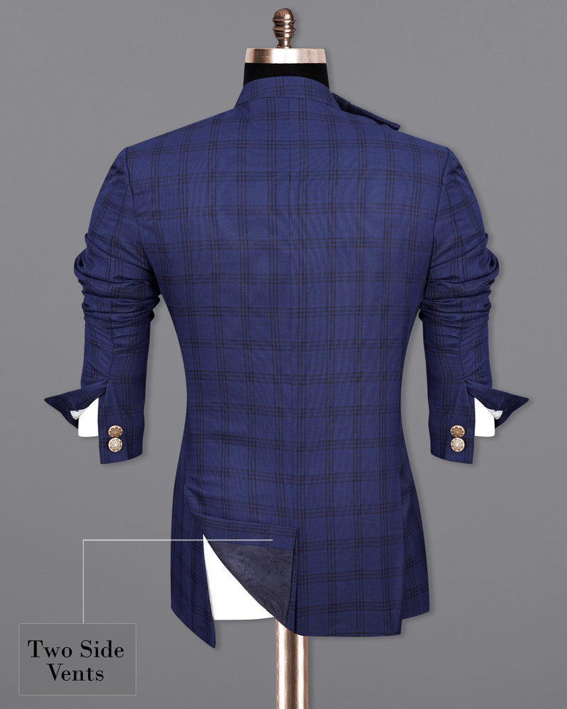 Cloud Burst Blue With Black Plaid Cross Buttoned Bandhgala Suit