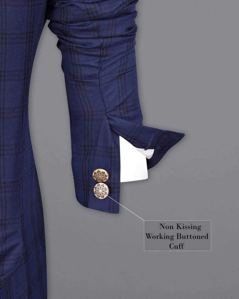 Cloud Burst Blue With Black Plaid Cross Buttoned Bandhgala Suit