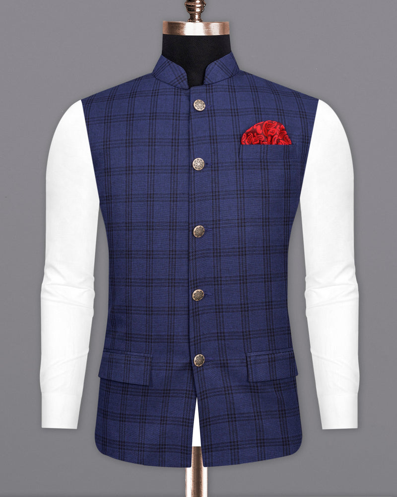 Cloud Burst Blue With Black Plaid Cross Buttoned Bandhgala Suit