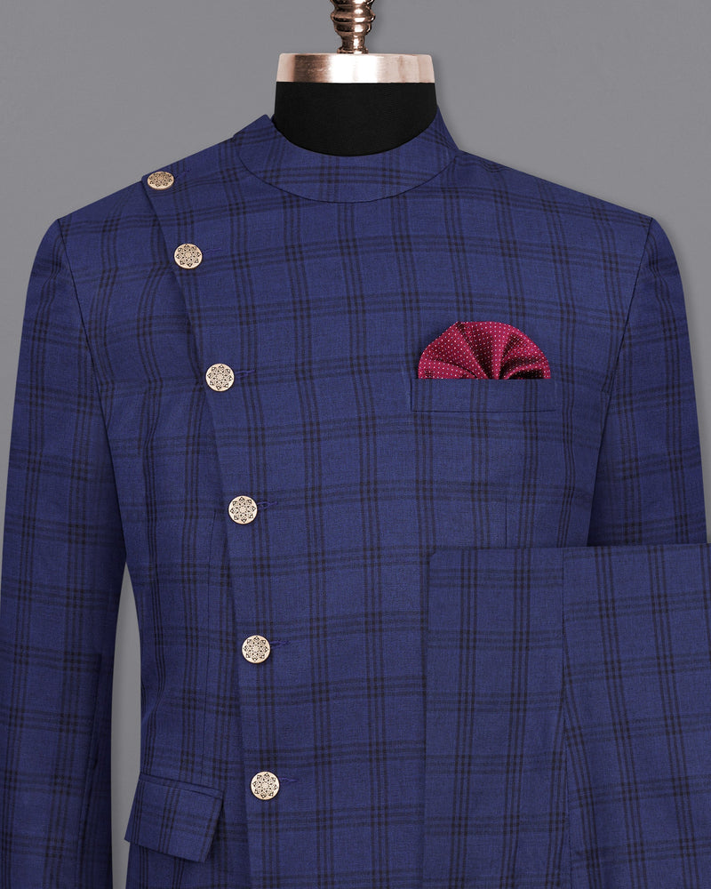 Cloud Burst Blue With Black Plaid Cross Buttoned Bandhgala Suit