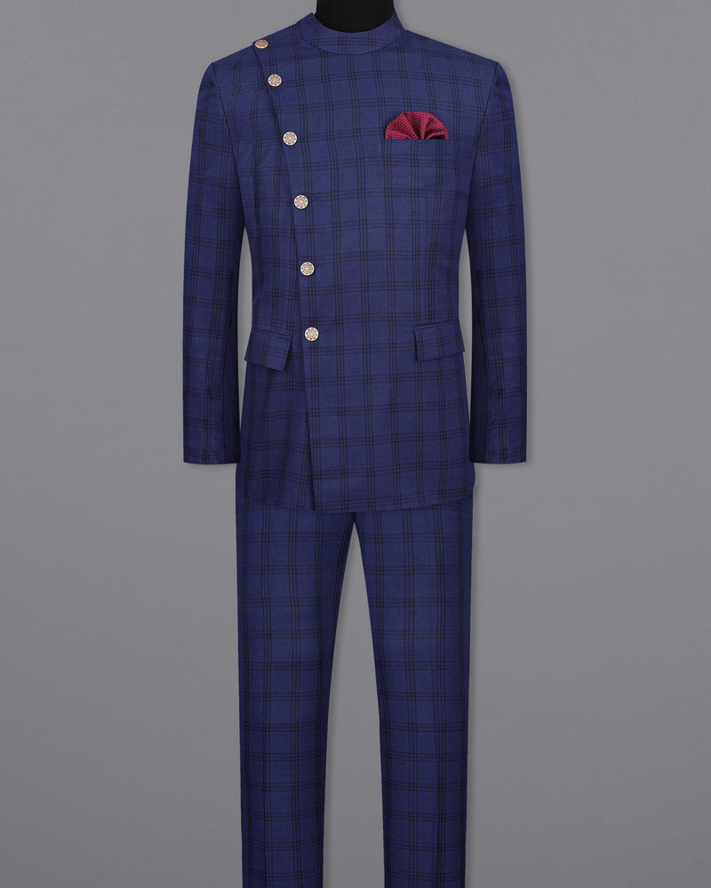 Cloud Burst Blue With Black Plaid Cross Buttoned Bandhgala Suit