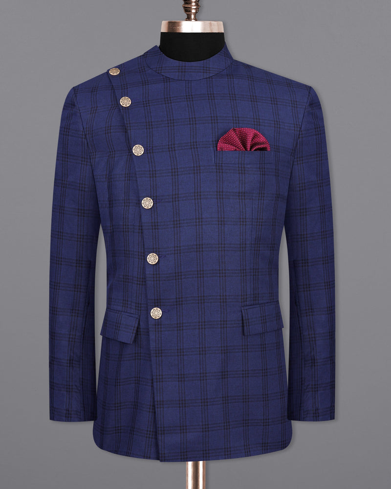 Cloud Burst Blue With Black Plaid Cross Buttoned Bandhgala Suit