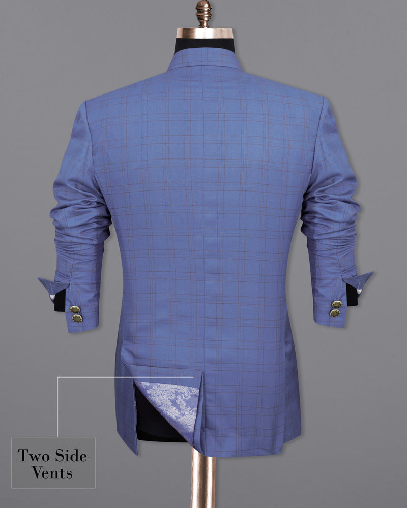 Scampi Blue With Pickled Brown Plaid Cross buttoned Bandhgala Suit