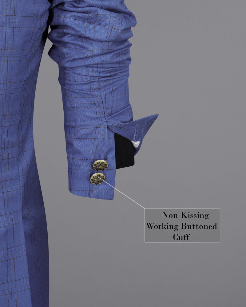 Scampi Blue With Pickled Brown Plaid Cross buttoned Bandhgala Suit