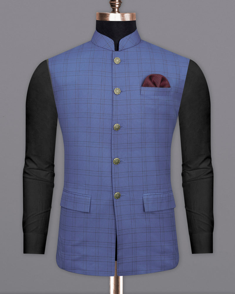 Scampi Blue With Pickled Brown Plaid Cross buttoned Bandhgala Suit