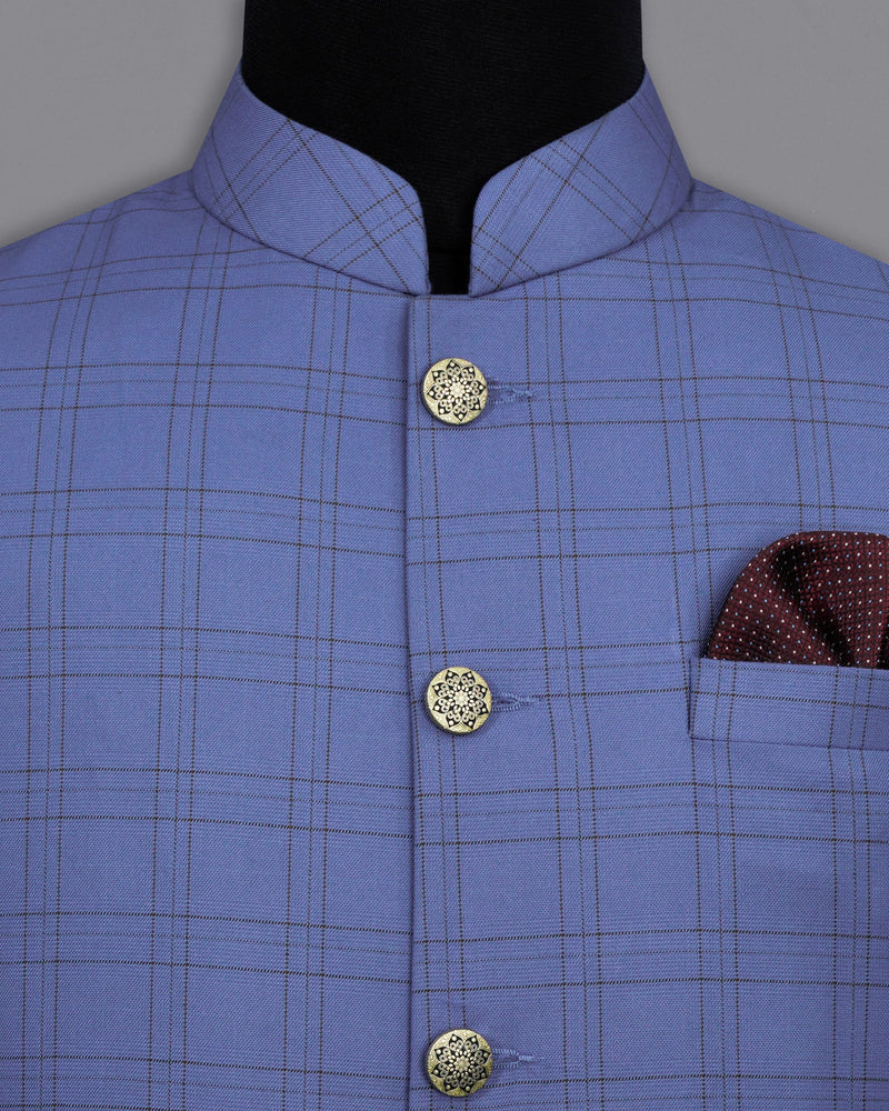 Scampi Blue With Pickled Brown Plaid Cross buttoned Bandhgala Suit