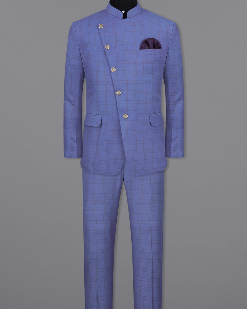 Scampi Blue With Pickled Brown Plaid Cross buttoned Bandhgala Suit