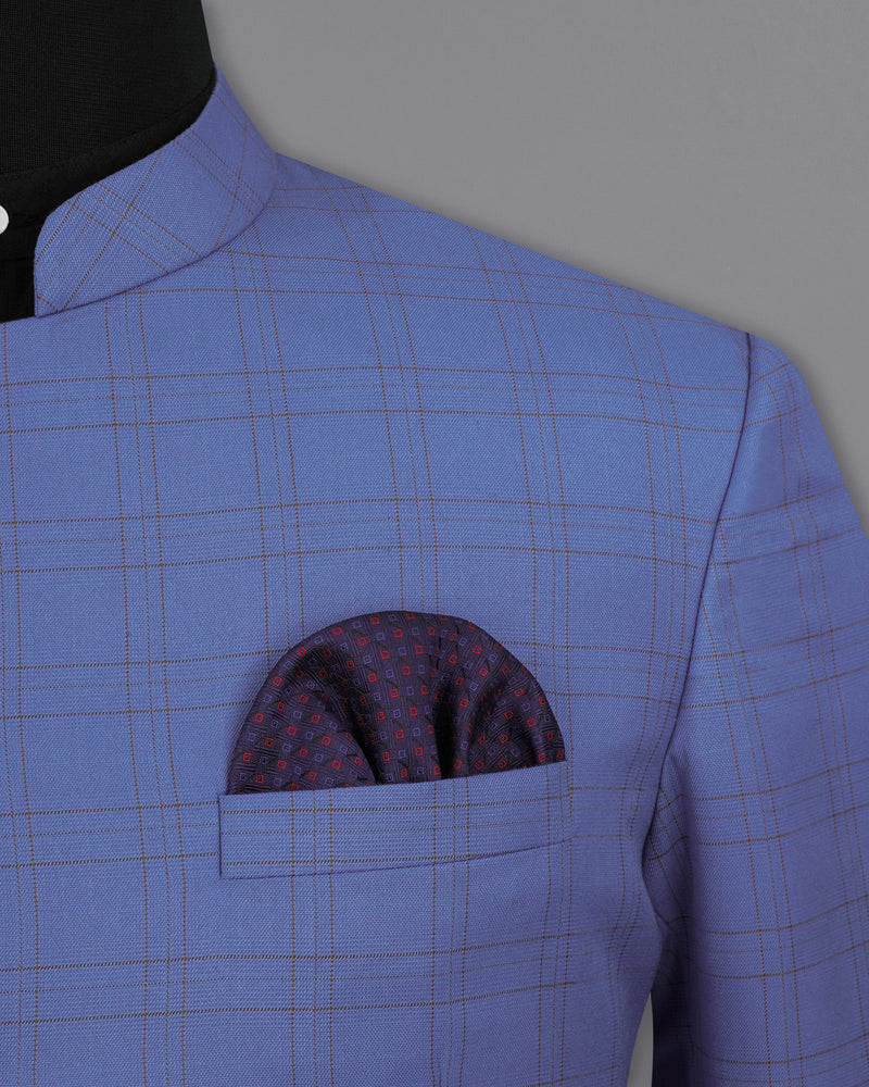 Scampi Blue With Pickled Brown Plaid Cross buttoned Bandhgala Suit