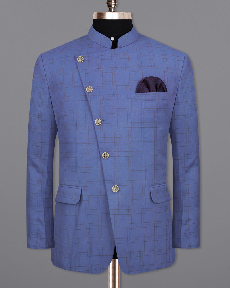 Scampi Blue With Pickled Brown Plaid Cross buttoned Bandhgala Suit