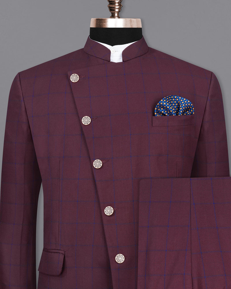 Wine Berry With Haiti Blue Windowpane Cross Buttoned Bandhgala Suit