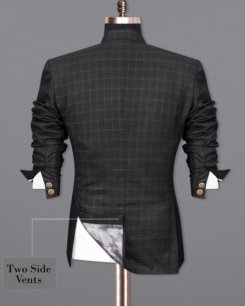 Zeus Light Black Windowpane Cross Buttoned Bandhgala Suit