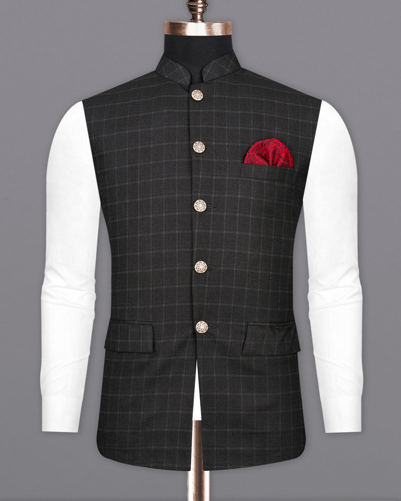 Zeus Light Black Windowpane Cross Buttoned Bandhgala Suit