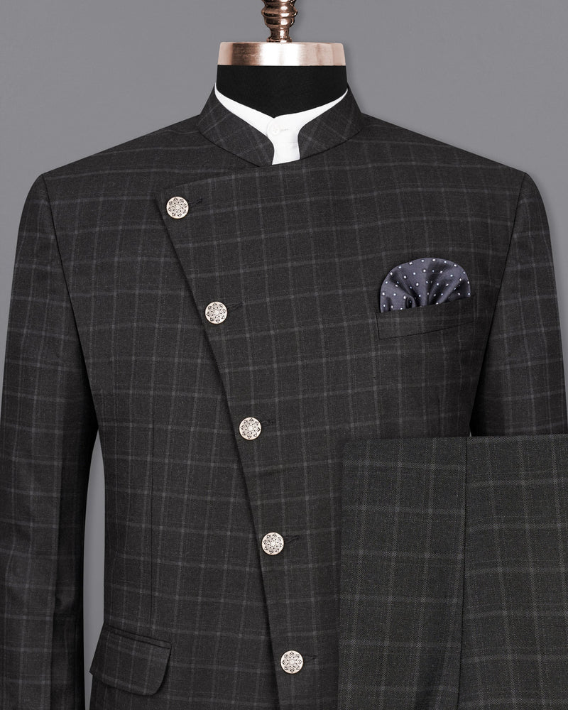 Zeus Light Black Windowpane Cross Buttoned Bandhgala Suit